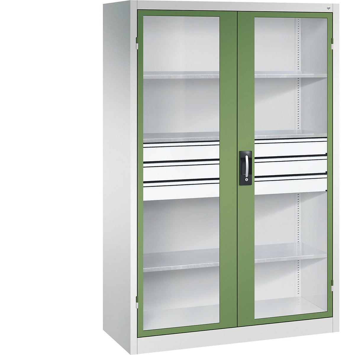 Vision panel double door cupboard, HxWxD 1950 x 1200 x 500 mm, with 3 shelves, 3 drawers, light grey / reseda green.