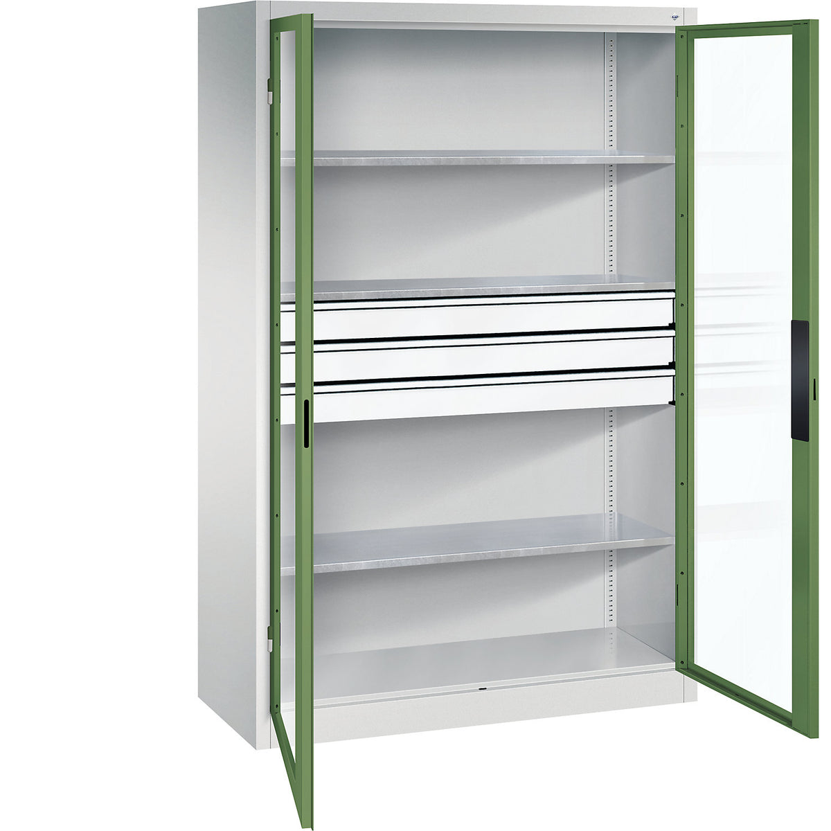Vision panel double door cupboard, HxWxD 1950 x 1200 x 500 mm, with 3 shelves, 3 drawers, light grey / reseda green.