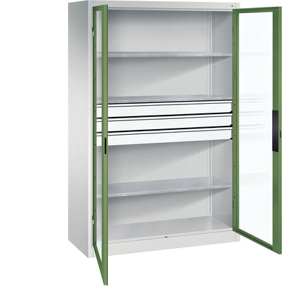 Vision panel double door cupboard, HxWxD 1950 x 1200 x 500 mm, with 3 shelves, 3 drawers, light grey / reseda green.