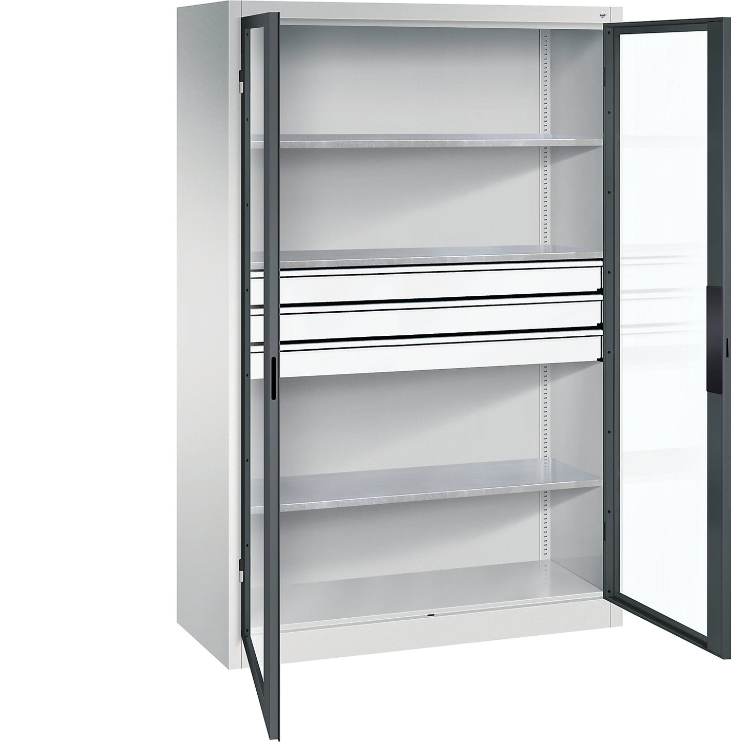 Vision panel double door cupboard, HxWxD 1950 x 1200 x 500 mm, with 3 shelves, 3 drawers, light grey / charcoal.