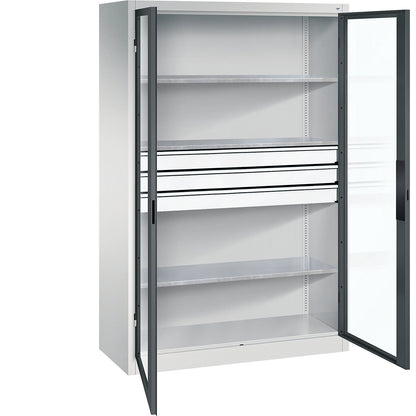 Vision panel double door cupboard, HxWxD 1950 x 1200 x 500 mm, with 3 shelves, 3 drawers, light grey / charcoal.