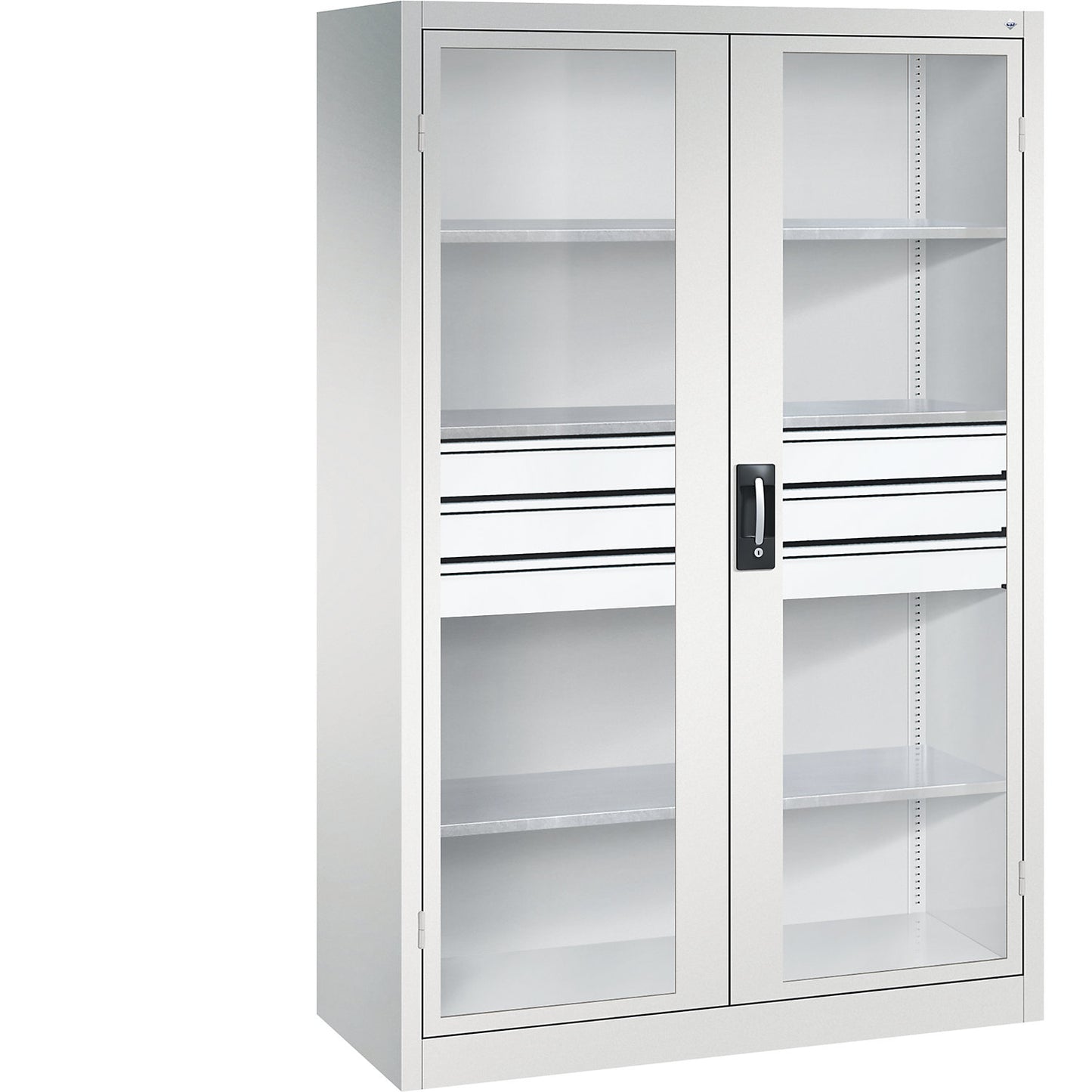 Vision panel double door cupboard, HxWxD 1950 x 1200 x 500 mm, with 3 shelves, 3 drawers, light grey / light grey.