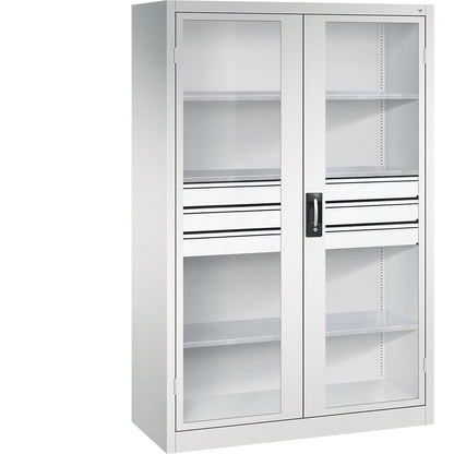 Vision panel double door cupboard, HxWxD 1950 x 1200 x 500 mm, with 3 shelves, 3 drawers, light grey / light grey.