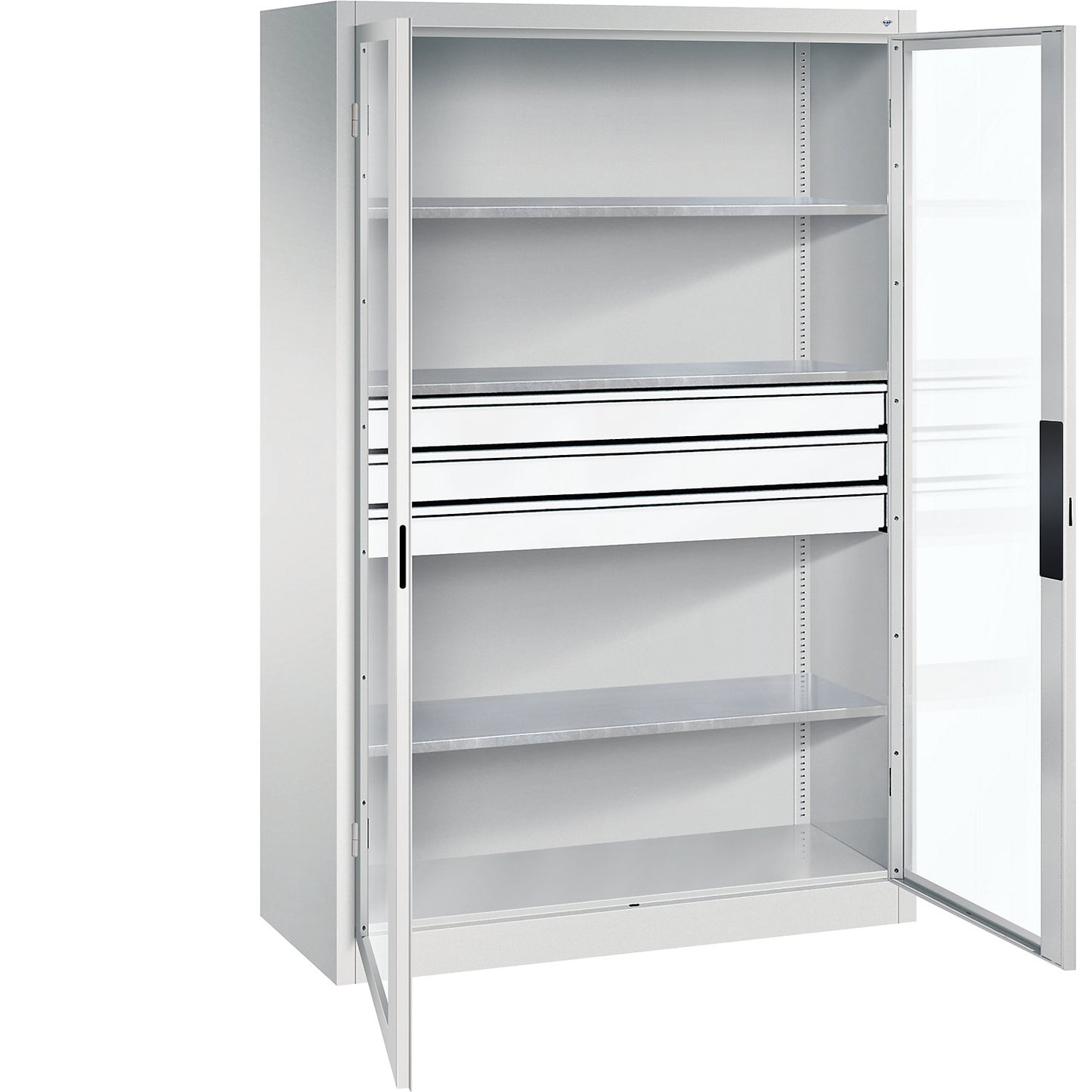 Vision panel double door cupboard, HxWxD 1950 x 1200 x 500 mm, with 3 shelves, 3 drawers, light grey / light grey.