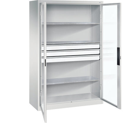 Vision panel double door cupboard, HxWxD 1950 x 1200 x 500 mm, with 3 shelves, 3 drawers, light grey / light grey.