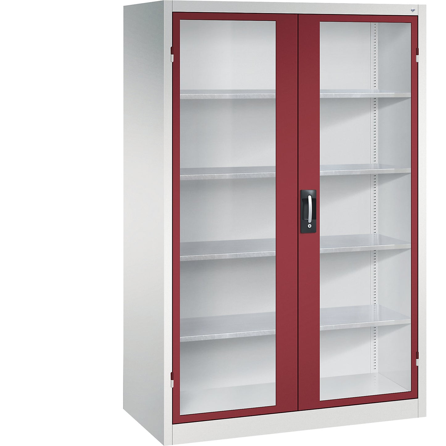 Vision panel double door cupboard, HxWxD 1950 x 1200 x 600 mm, 4 shelves, light grey / ruby red.