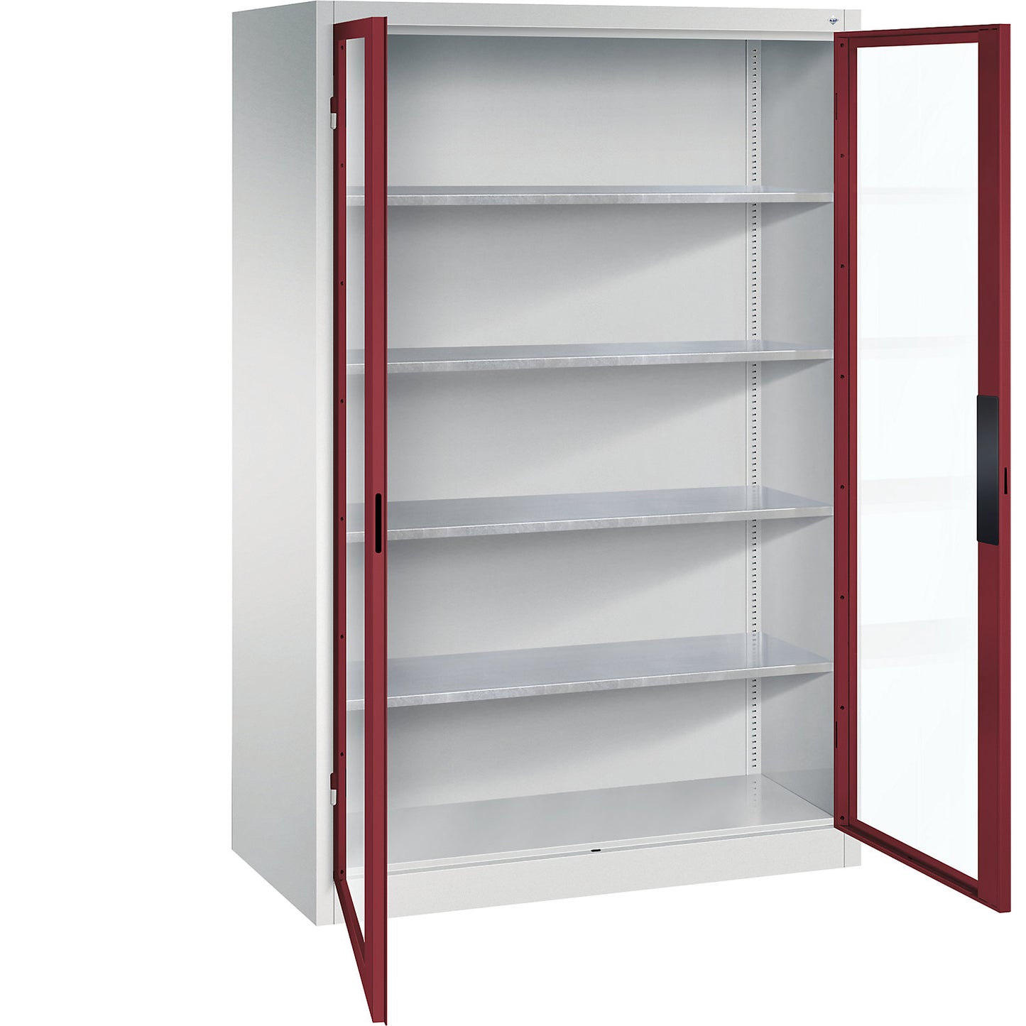 Vision panel double door cupboard, HxWxD 1950 x 1200 x 600 mm, 4 shelves, light grey / ruby red.