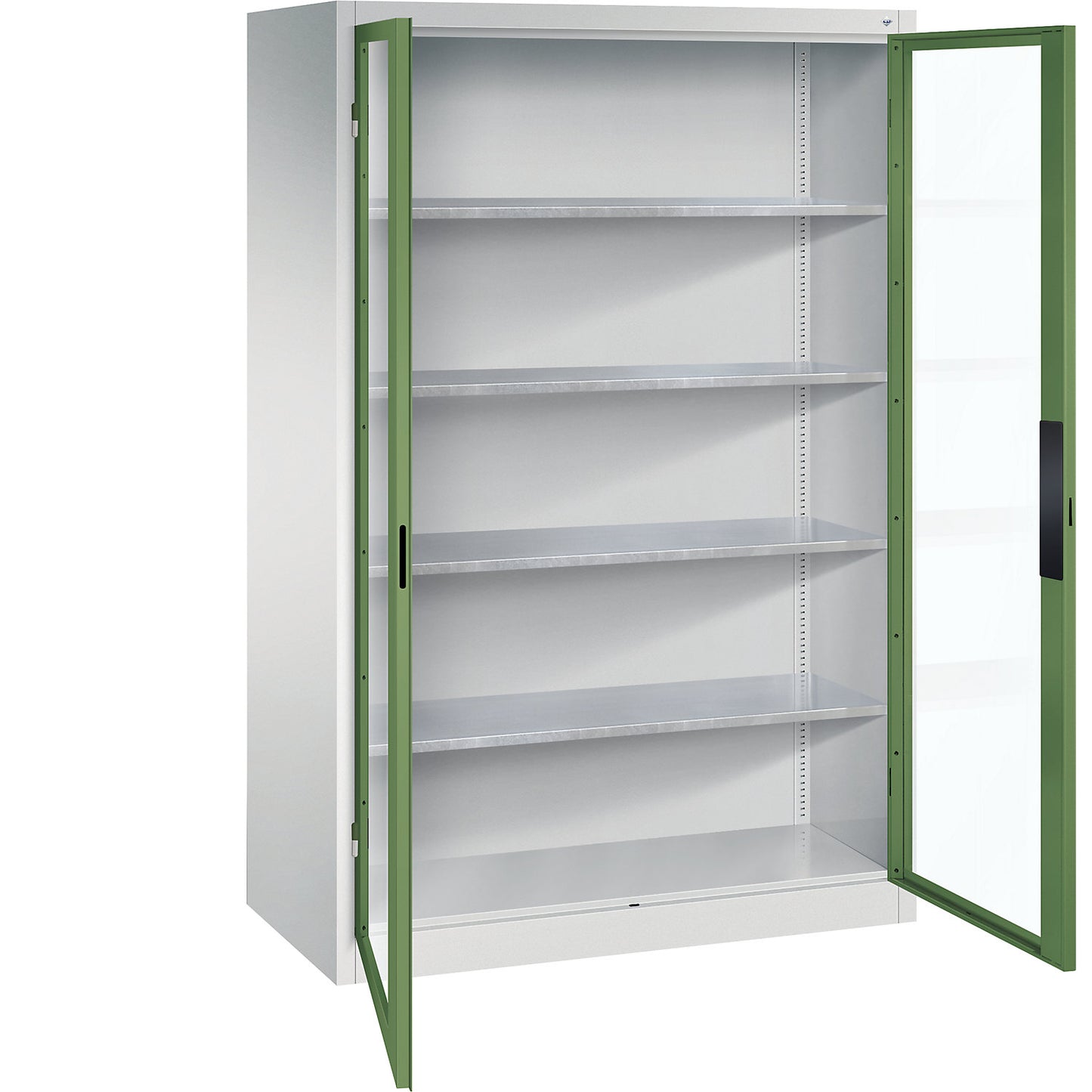Vision panel double door cupboard, HxWxD 1950 x 1200 x 600 mm, 4 shelves, light grey / reseda green.