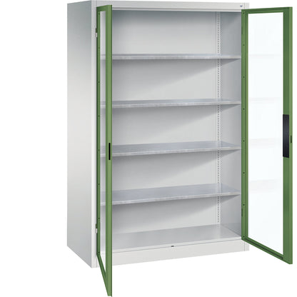 Vision panel double door cupboard, HxWxD 1950 x 1200 x 600 mm, 4 shelves, light grey / reseda green.