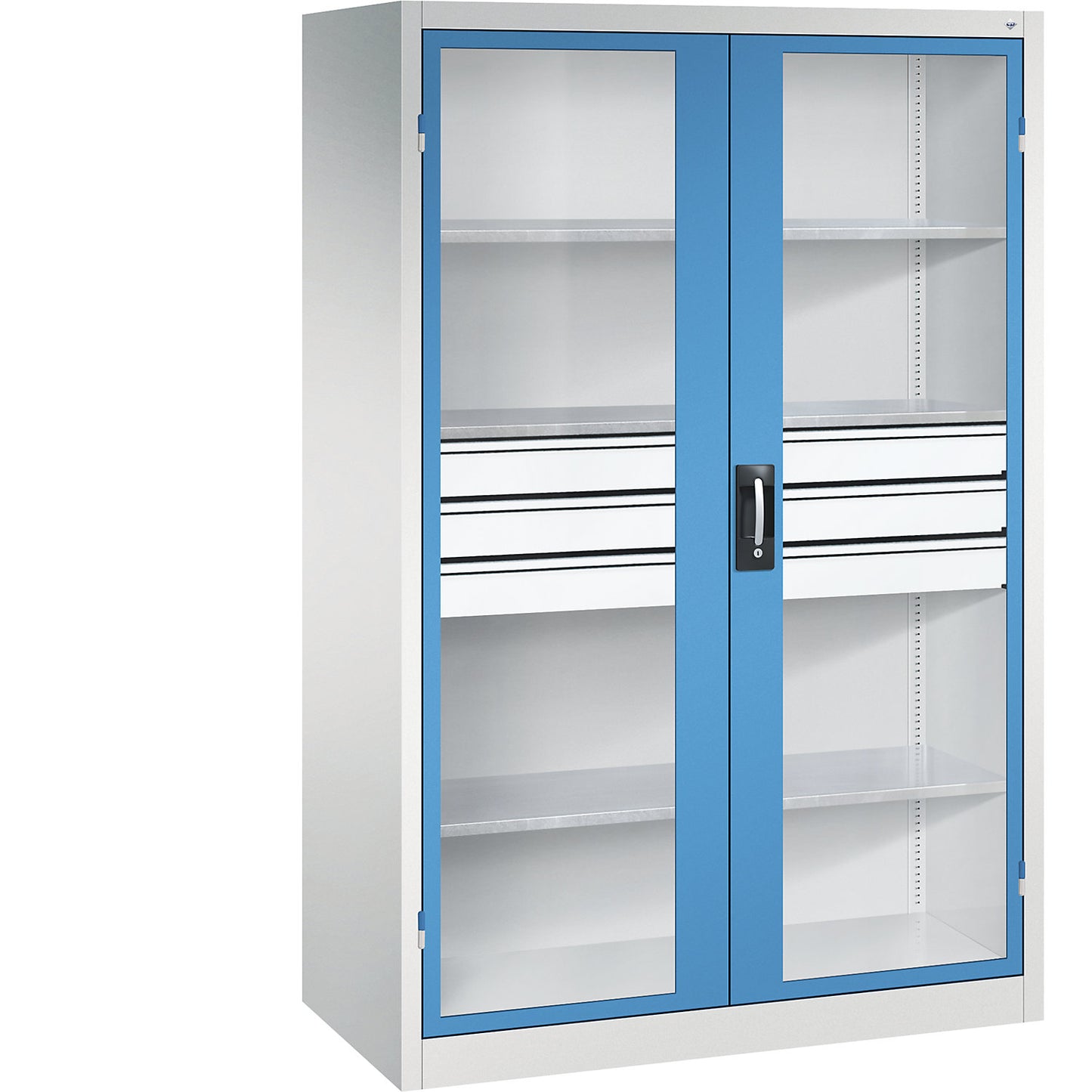 Vision panel double door cupboard, HxWxD 1950 x 1200 x 600 mm, with 3 shelves, 3 drawers, light grey / light blue.
