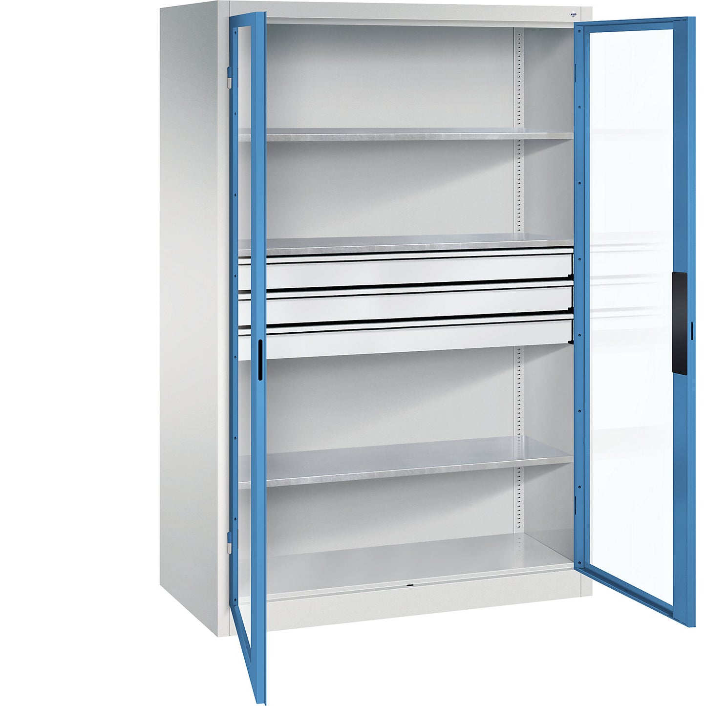 Vision panel double door cupboard, HxWxD 1950 x 1200 x 600 mm, with 3 shelves, 3 drawers, light grey / light blue.