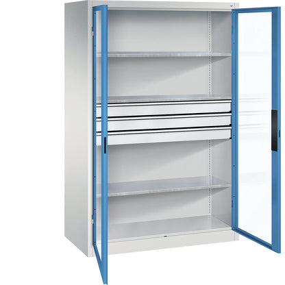 Vision panel double door cupboard, HxWxD 1950 x 1200 x 600 mm, with 3 shelves, 3 drawers, light grey / light blue.