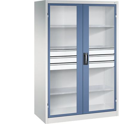 Vision panel double door cupboard, HxWxD 1950 x 1200 x 600 mm, with 3 shelves, 3 drawers, light grey / distant blue.