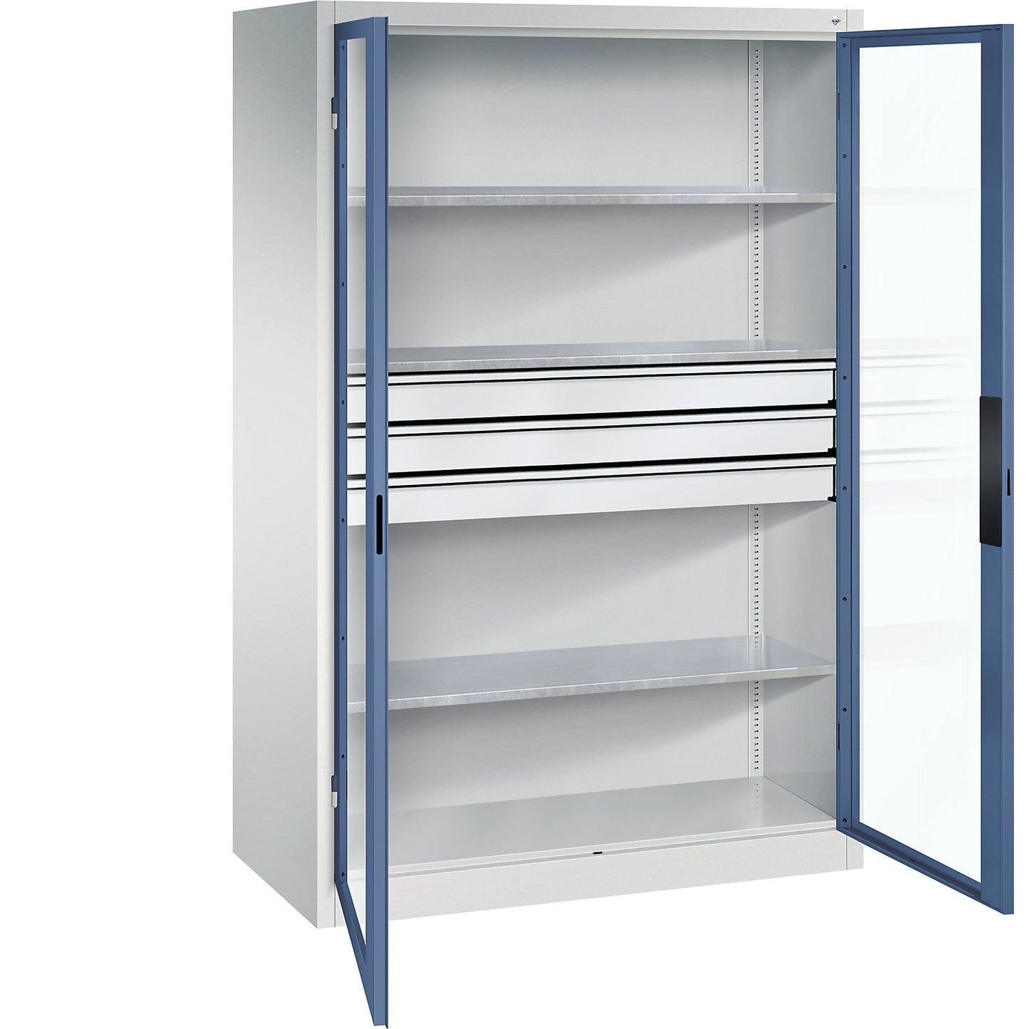 Vision panel double door cupboard, HxWxD 1950 x 1200 x 600 mm, with 3 shelves, 3 drawers, light grey / distant blue.