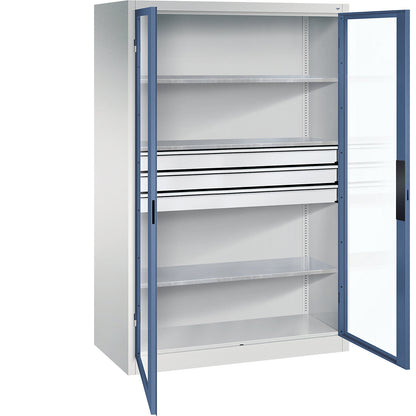 Vision panel double door cupboard, HxWxD 1950 x 1200 x 600 mm, with 3 shelves, 3 drawers, light grey / distant blue.