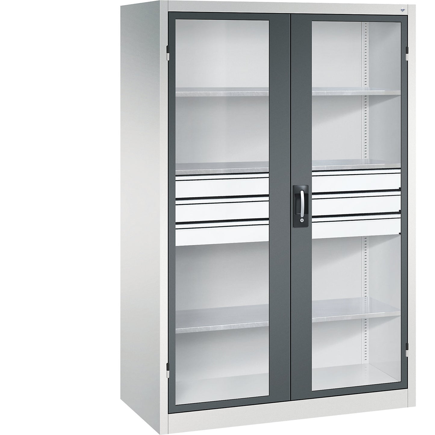 Vision panel double door cupboard, HxWxD 1950 x 1200 x 600 mm, with 3 shelves, 3 drawers, light grey / charcoal.