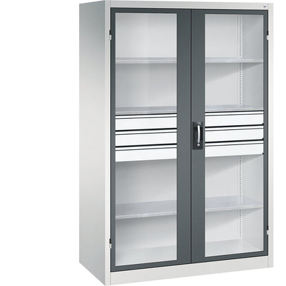 Vision panel double door cupboard, HxWxD 1950 x 1200 x 600 mm, with 3 shelves, 3 drawers, light grey / charcoal.