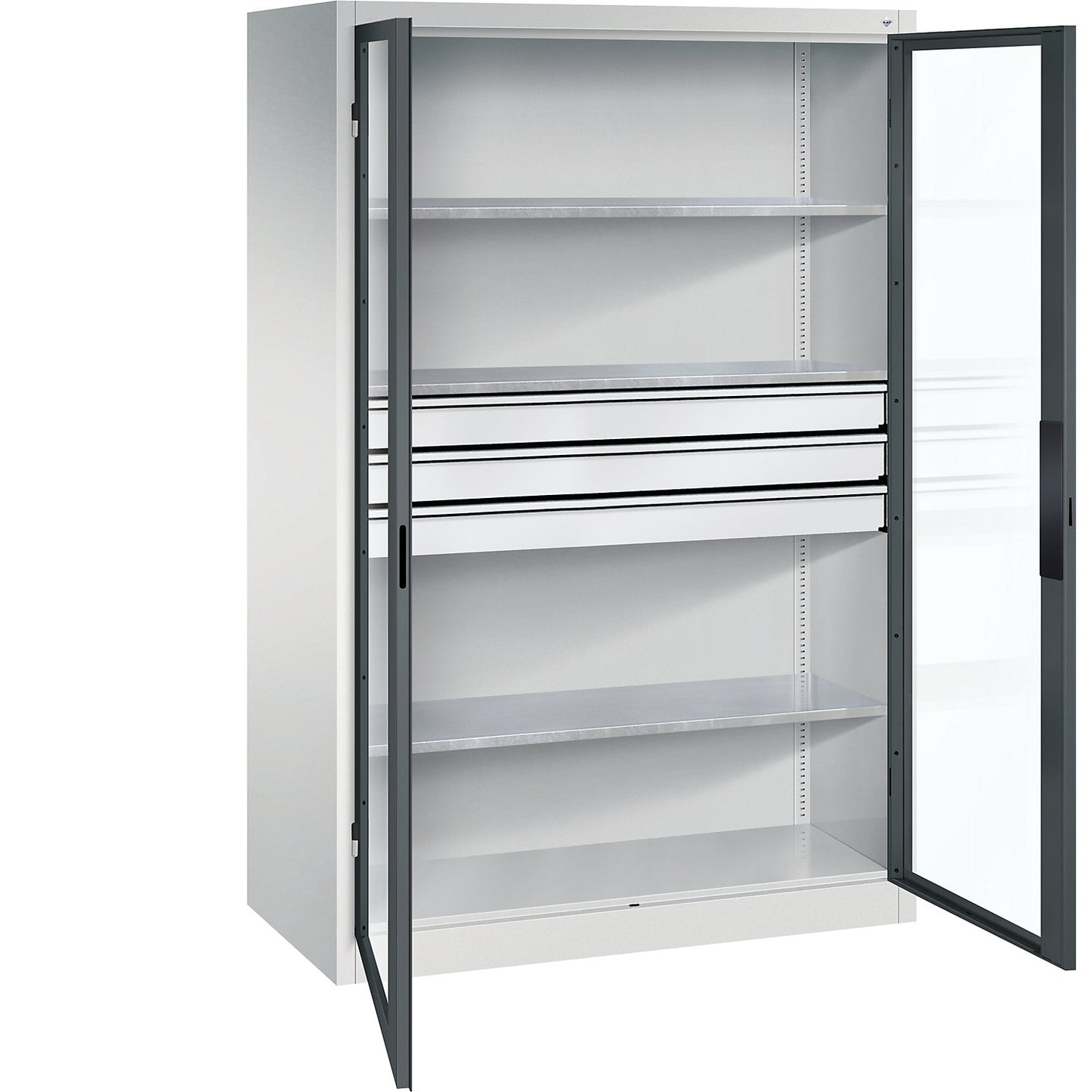Vision panel double door cupboard, HxWxD 1950 x 1200 x 600 mm, with 3 shelves, 3 drawers, light grey / charcoal.