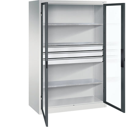 Vision panel double door cupboard, HxWxD 1950 x 1200 x 600 mm, with 3 shelves, 3 drawers, light grey / charcoal.