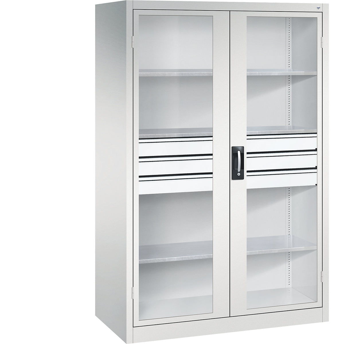 Vision panel double door cupboard, HxWxD 1950 x 1200 x 600 mm, with 3 shelves, 3 drawers, light grey / light grey.