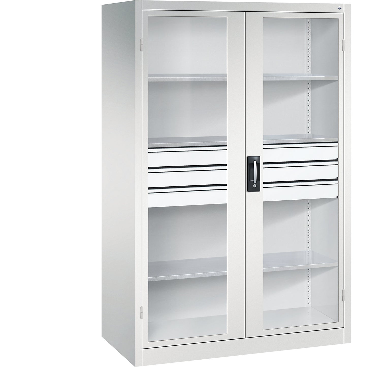Vision panel double door cupboard, HxWxD 1950 x 1200 x 600 mm, with 3 shelves, 3 drawers, light grey / light grey.