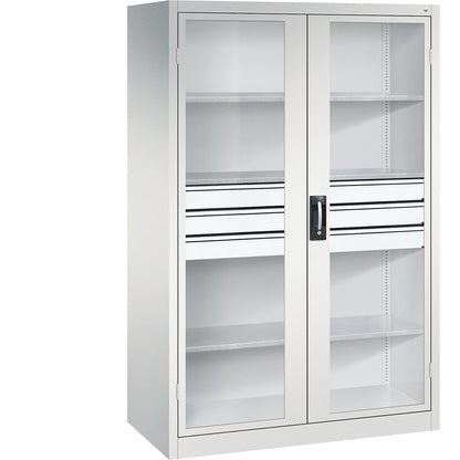 Vision panel double door cupboard, HxWxD 1950 x 1200 x 600 mm, with 3 shelves, 3 drawers, light grey / light grey.