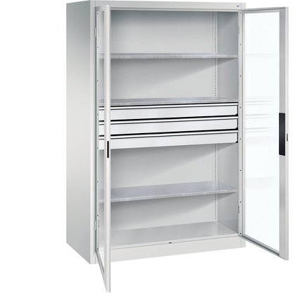 Vision panel double door cupboard, HxWxD 1950 x 1200 x 600 mm, with 3 shelves, 3 drawers, light grey / light grey.