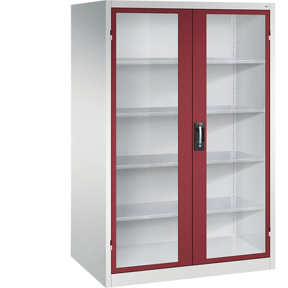 Vision panel double door cupboard, HxWxD 1950 x 1200 x 800 mm, 4 shelves, light grey / ruby red.