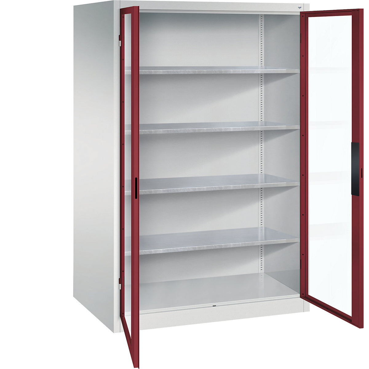 Vision panel double door cupboard, HxWxD 1950 x 1200 x 800 mm, 4 shelves, light grey / ruby red.