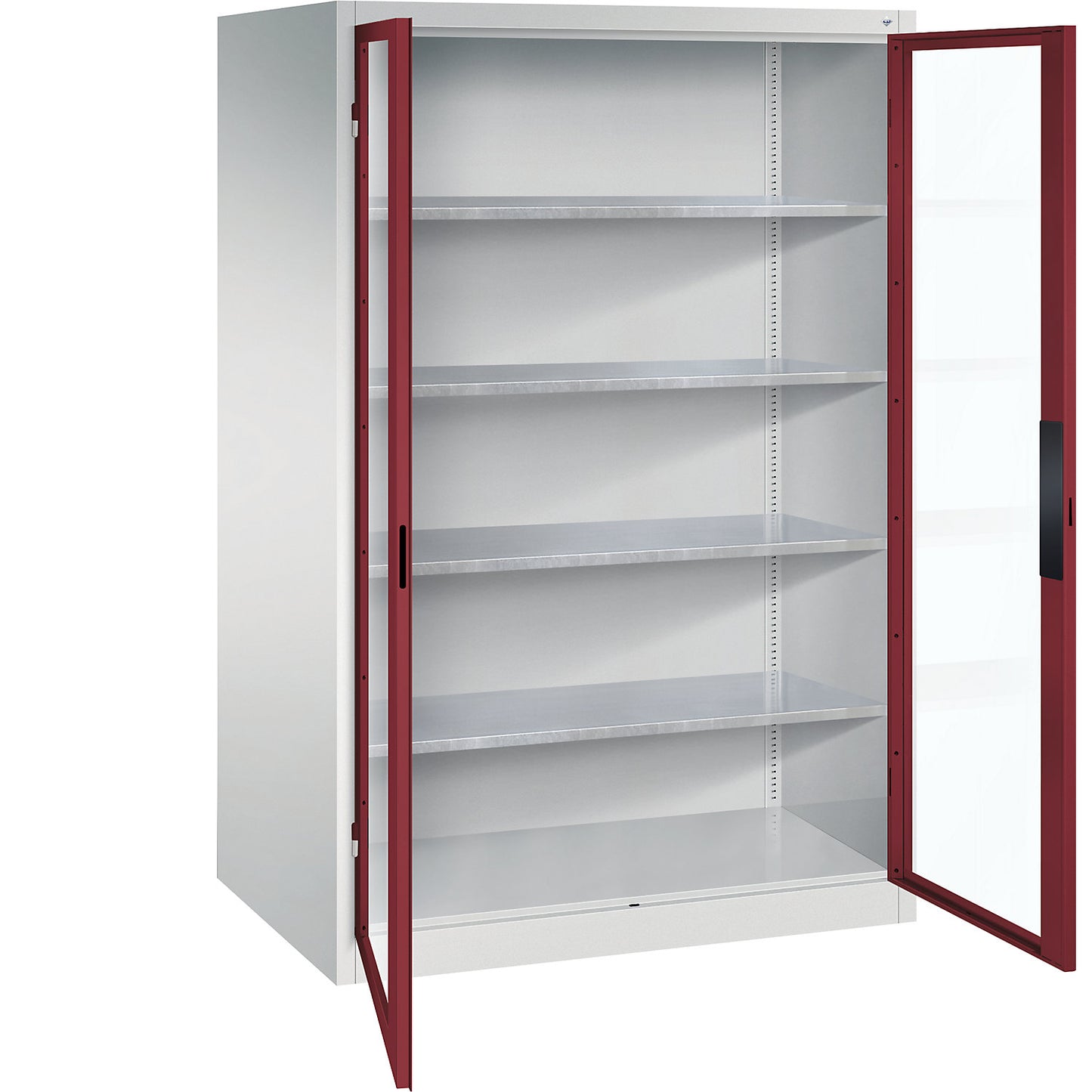 Vision panel double door cupboard, HxWxD 1950 x 1200 x 800 mm, 4 shelves, light grey / ruby red.