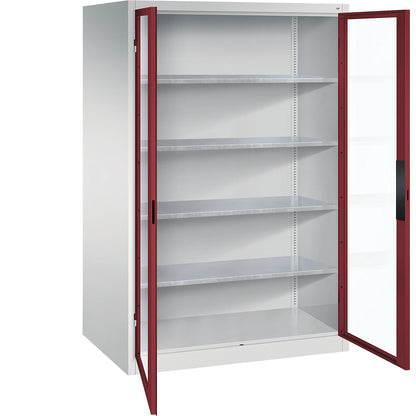 Vision panel double door cupboard, HxWxD 1950 x 1200 x 800 mm, 4 shelves, light grey / ruby red.