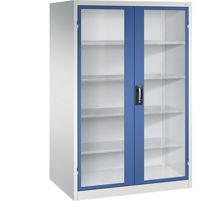 Vision panel double door cupboard, HxWxD 1950 x 1200 x 800 mm, 4 shelves, light grey / gentian blue.