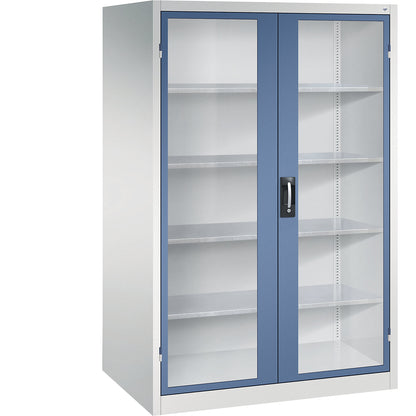 Vision panel double door cupboard, HxWxD 1950 x 1200 x 800 mm, 4 shelves, light grey / distant blue.