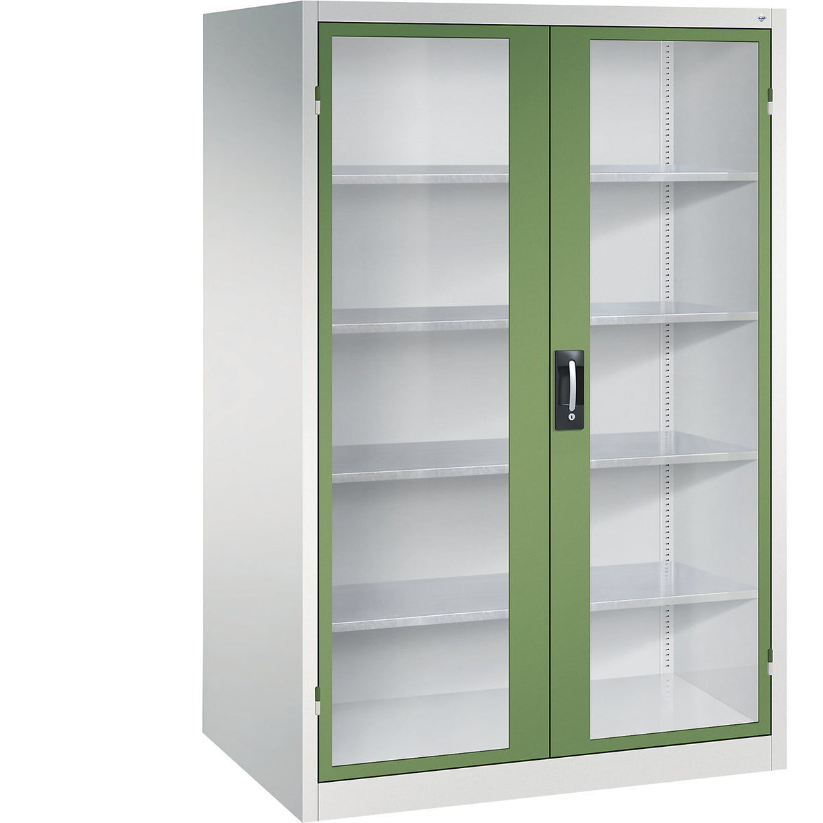 Vision panel double door cupboard, HxWxD 1950 x 1200 x 800 mm, 4 shelves, light grey / reseda green.