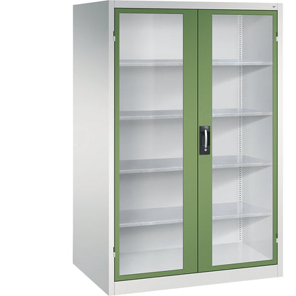 Vision panel double door cupboard, HxWxD 1950 x 1200 x 800 mm, 4 shelves, light grey / reseda green.