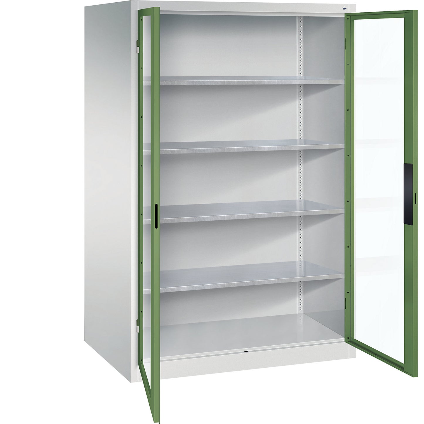 Vision panel double door cupboard, HxWxD 1950 x 1200 x 800 mm, 4 shelves, light grey / reseda green.