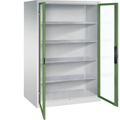 Vision panel double door cupboard, HxWxD 1950 x 1200 x 800 mm, 4 shelves, light grey / reseda green.