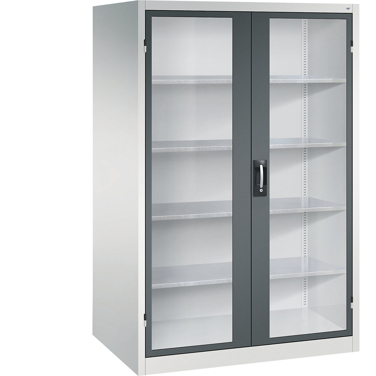 Vision panel double door cupboard, HxWxD 1950 x 1200 x 800 mm, 4 shelves, light grey / charcoal.