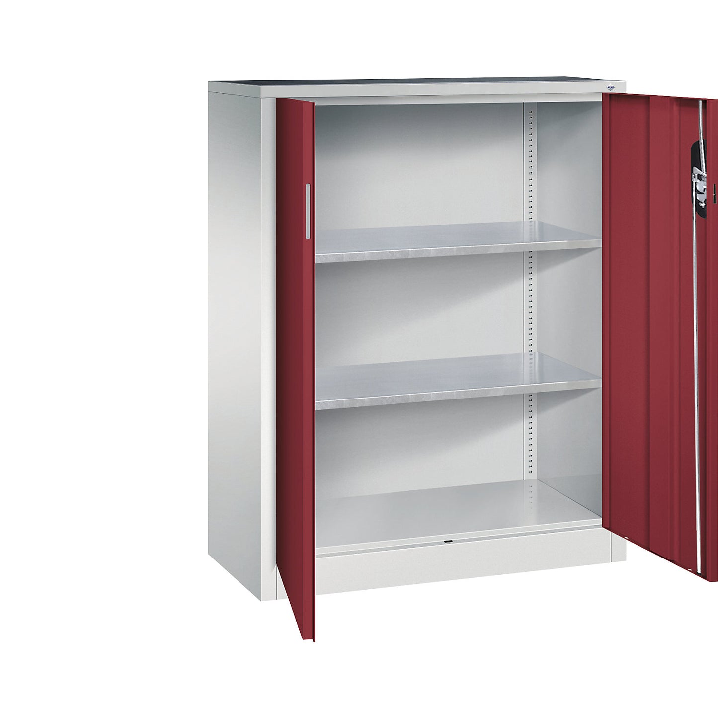 Workshop side cupboard with hinged doors, HxWxD 1200 x 930 x 400 mm, light grey / ruby red.
