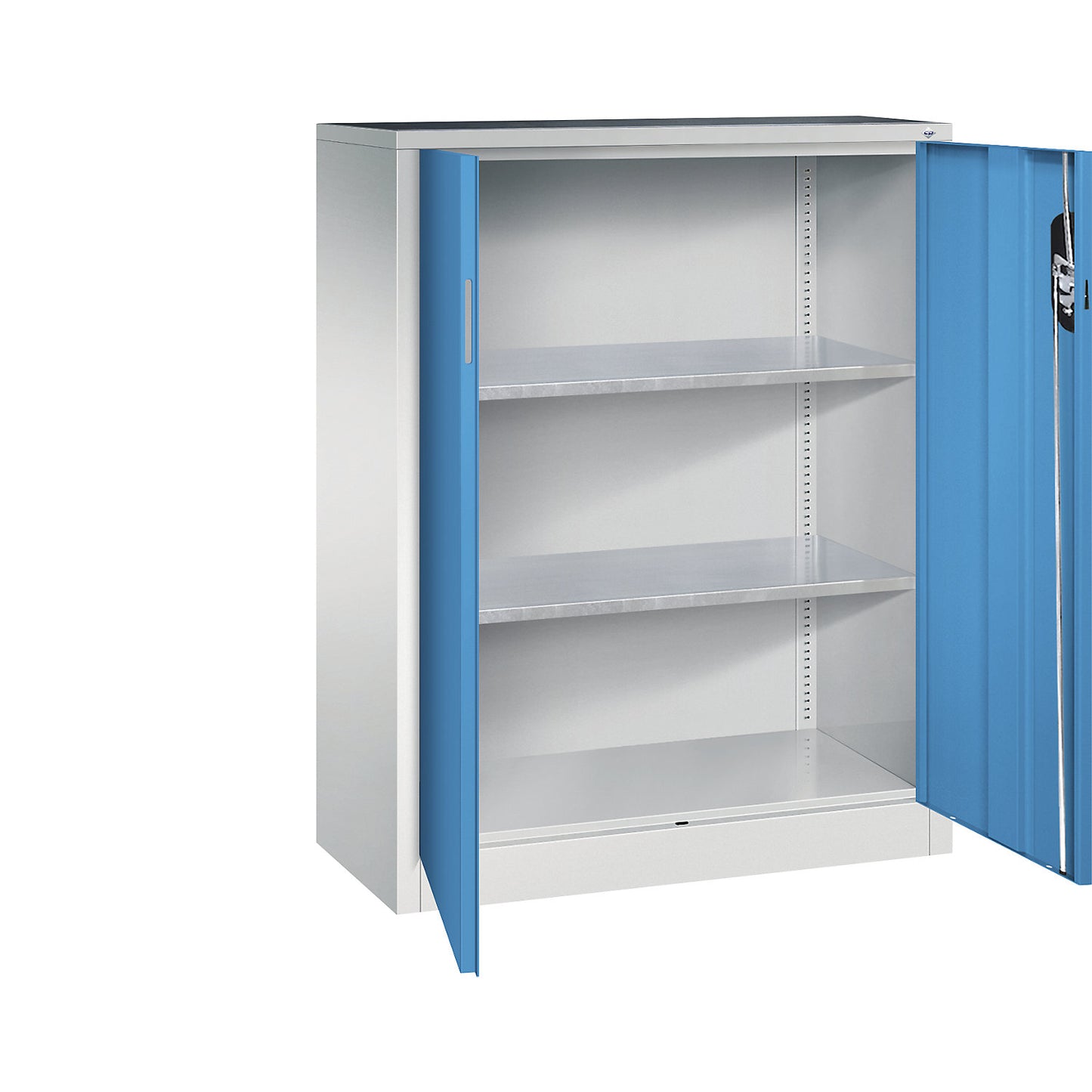 Workshop side cupboard with hinged doors, HxWxD 1200 x 930 x 400 mm, light grey / light blue.