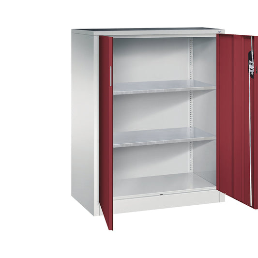 Workshop side cupboard with hinged doors, HxWxD 1200 x 930 x 500 mm, light grey / ruby red.