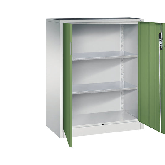 Workshop side cupboard with hinged doors, HxWxD 1200 x 930 x 500 mm, light grey / reseda green.