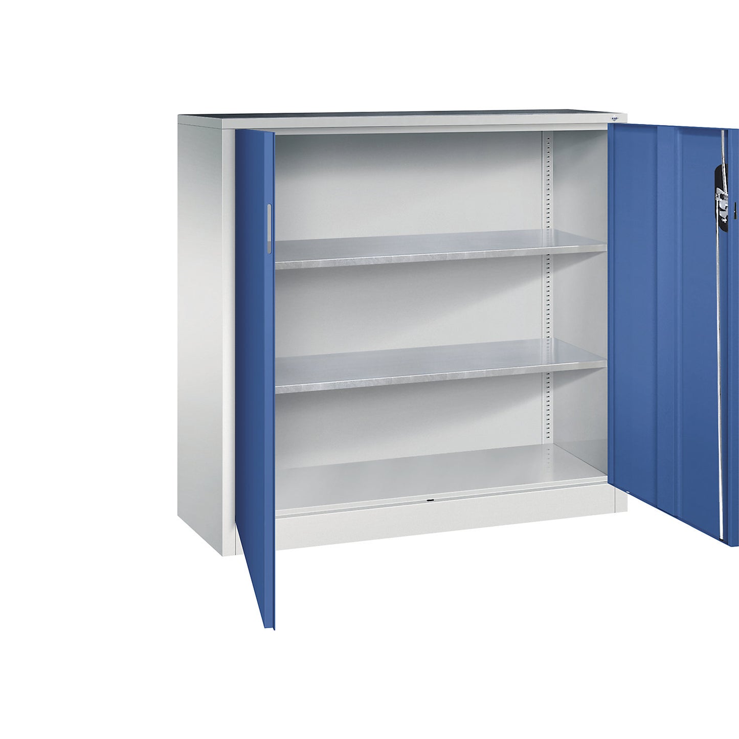 Workshop side cupboard with hinged doors, HxWxD 1200 x 1200 x 400 mm, light grey / gentian blue.