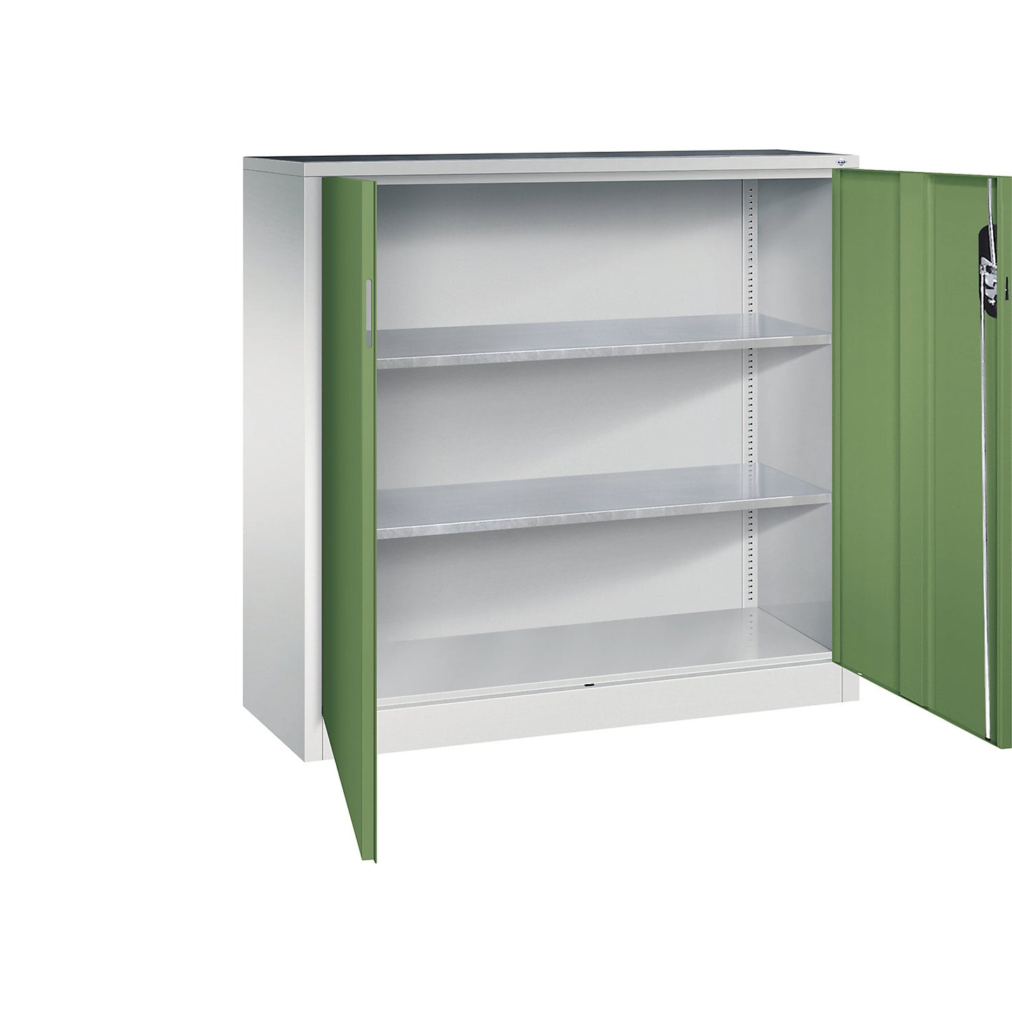 Workshop side cupboard with hinged doors, HxWxD 1200 x 1200 x 400 mm, light grey / reseda green.