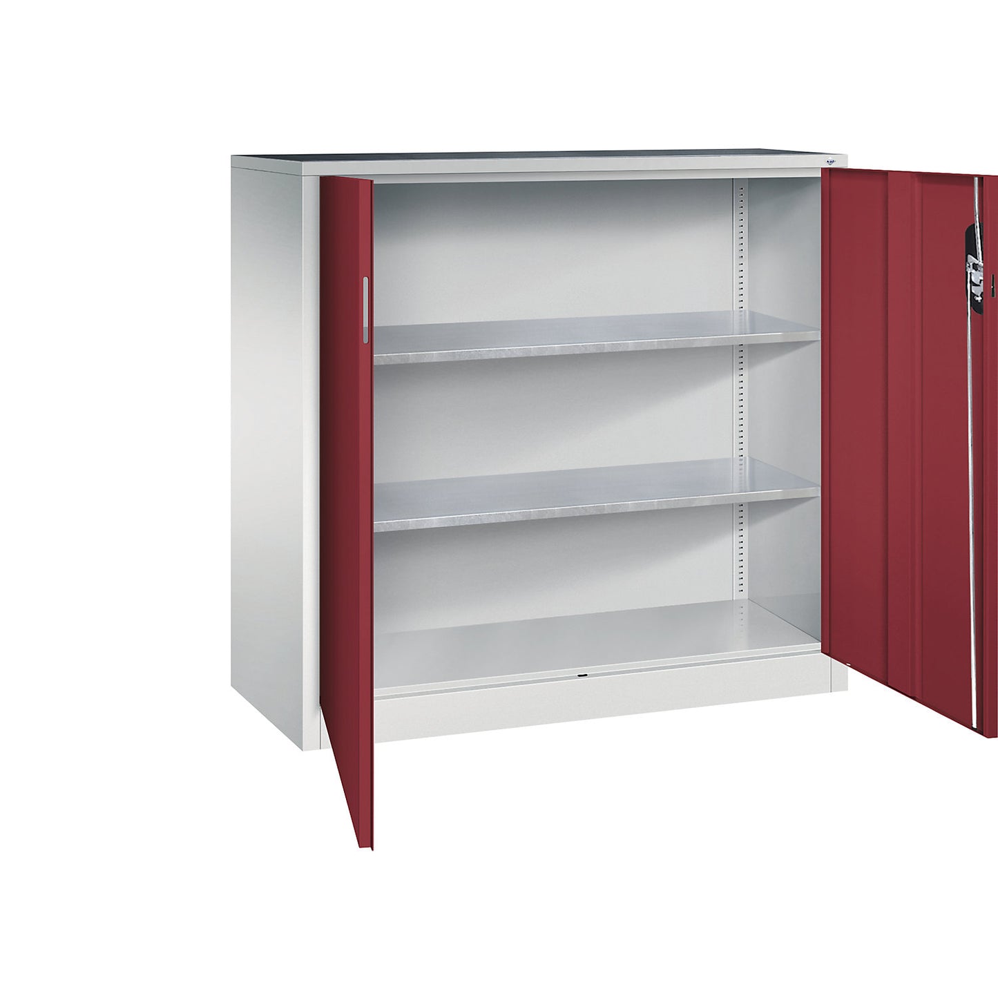 Workshop side cupboard with hinged doors, HxWxD 1200 x 1200 x 500 mm, light grey / ruby red.