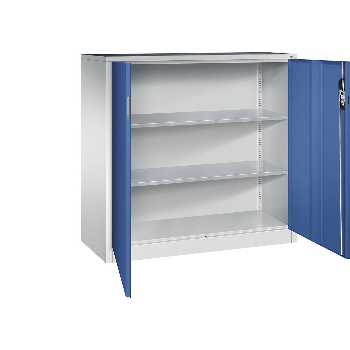 Workshop side cupboard with hinged doors, HxWxD 1200 x 1200 x 500 mm, light grey / gentian blue.