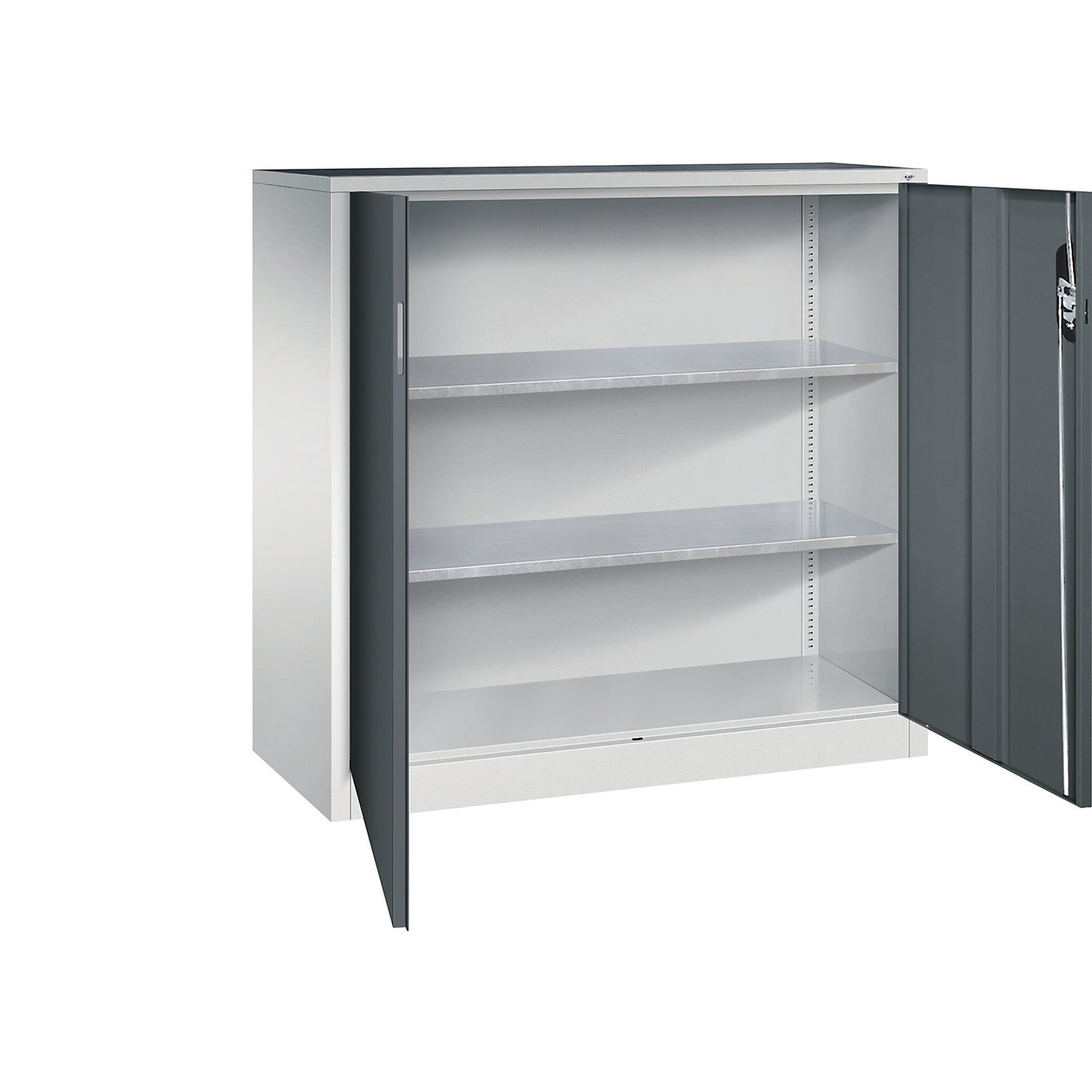 Workshop side cupboard with hinged doors, HxWxD 1200 x 1200 x 500 mm, light grey / charcoal.