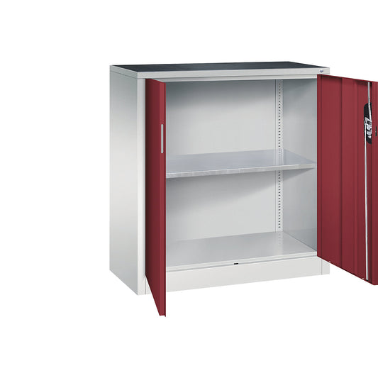Workshop side cupboard with hinged doors, width x depth 930 x 400 mm, light grey / ruby red.