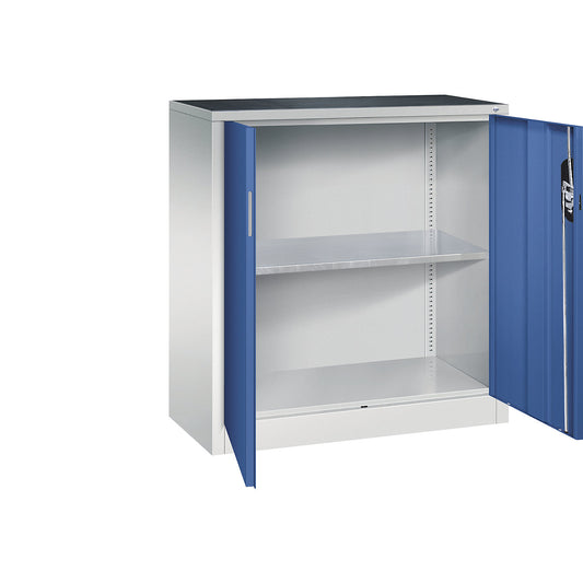 Workshop side cupboard with hinged doors, width x depth 930 x 400 mm, light grey / gentian blue.