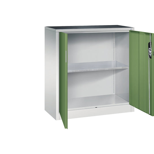Workshop side cupboard with hinged doors, width x depth 930 x 400 mm, light grey / reseda green.